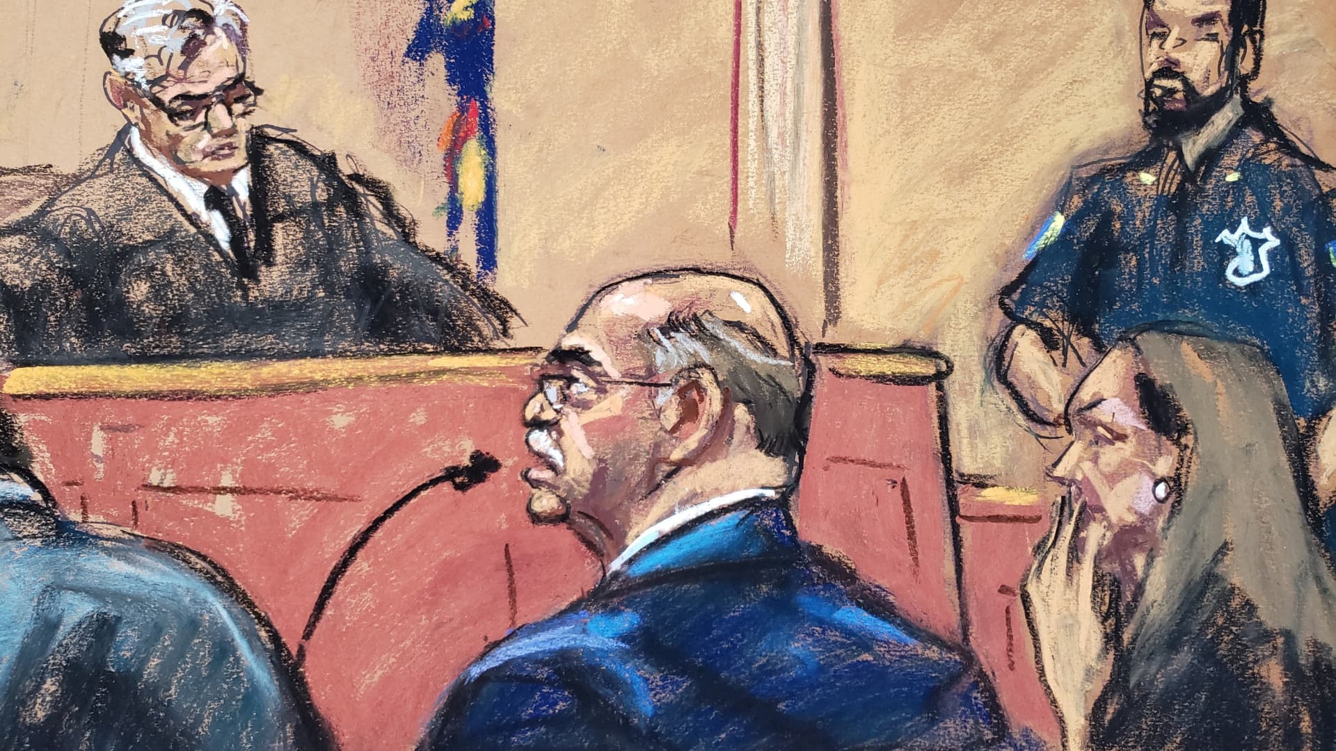 Allen Howard Weisselberg, the former Trump Organization CFO, sits in New York State Supreme Court with his lawyer Mary Mulligan, as he pleads guilty during his hearing in the Manhattan borough of New York City, August 18, 2022 in this courtroom sketch.