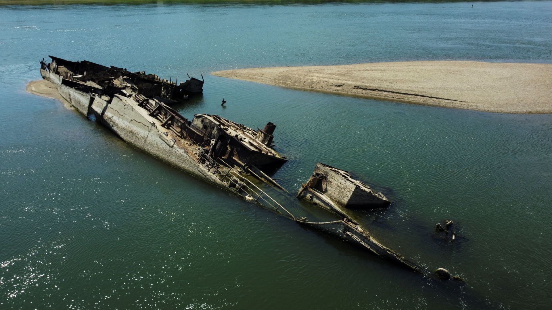 Wreckage of a World War Two German warship is seen in the Danube in Prahovo, Serbia August 18, 2022. 