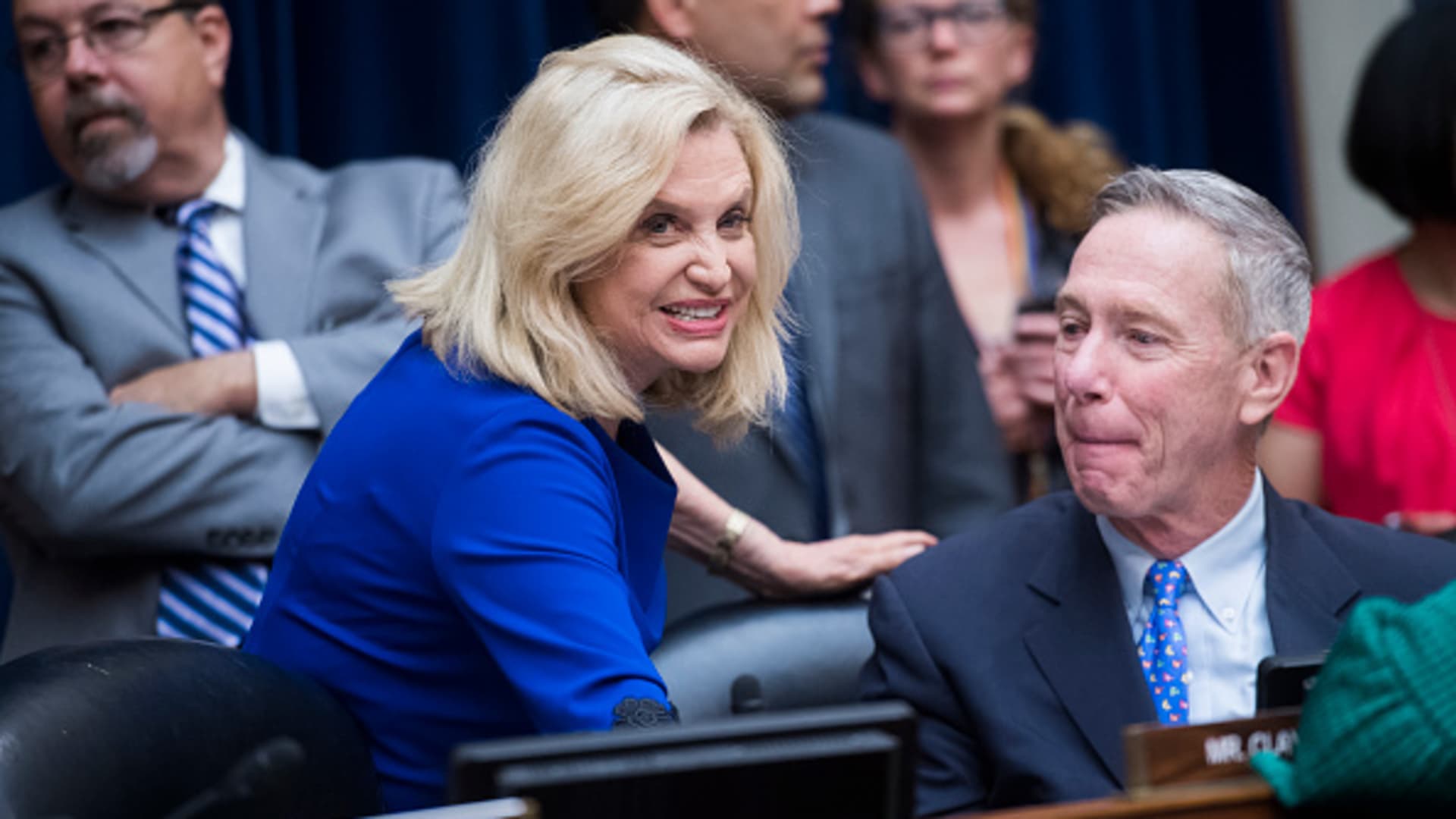 Reps. Carolyn Maloney, D-N.Y., and Stephen Lynch, D-Mass., are seen during a House Oversight and Reform Committee markup in Rayburn Building on a resolution on whether to hold Attorney General William Barr and Secretary of Commerce Wilbur Ross in contempt of Congress on Wednesday, June 12, 2019.