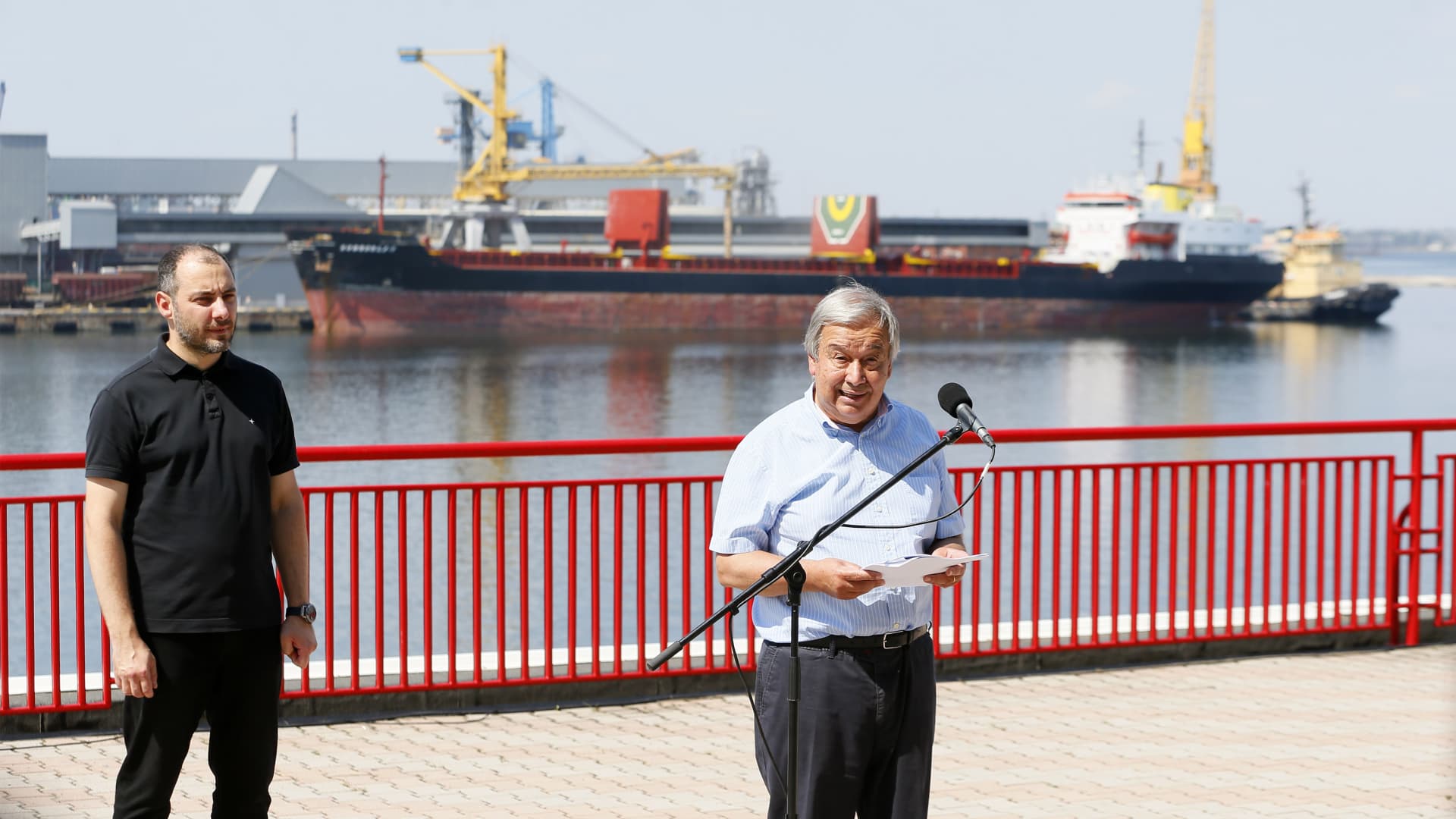 UN Secretary-General Antonio Guterres (R) makes a speech during a joint press conference with Ukrainian Minister of Infrastructure Oleksandr Kubrakov (L) in Odesa, Ukraine on August 19, 2022.