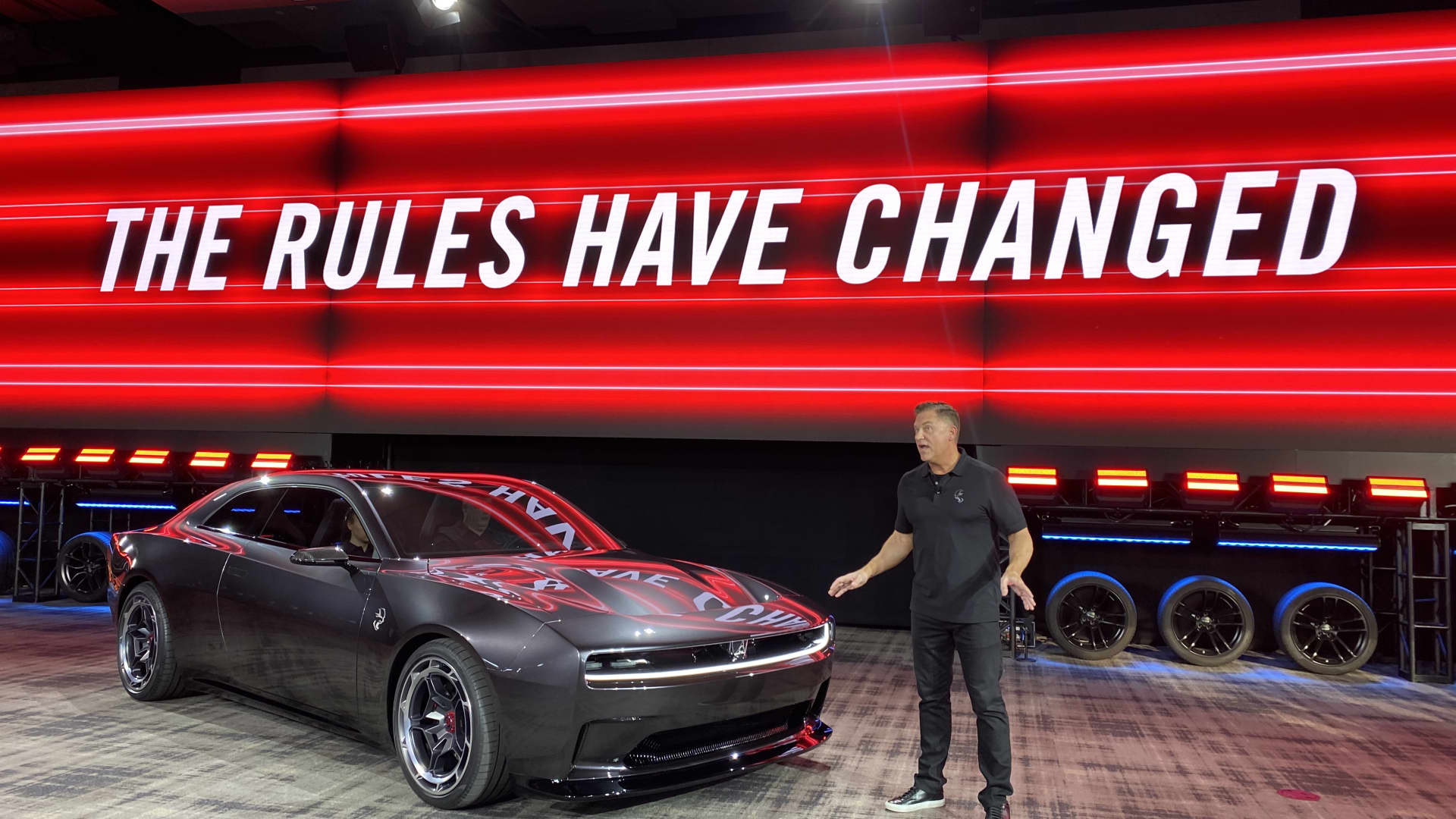 Dodge CEO Tim Kuniskis unveils the Charger Daytona SRT electric muscle car concept on Aug. 17, 2022 in Pontiac, Mich.  