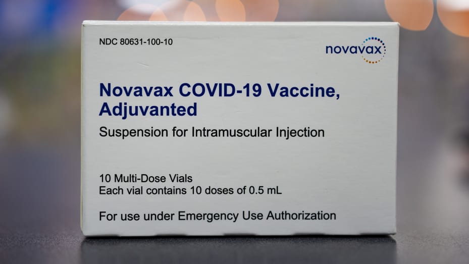 A box of the Novavax Covid-19 vaccine arranged at a pharmacy in Schwenksville, Pennsylvania, US, on Monday, Aug. 1, 2022.