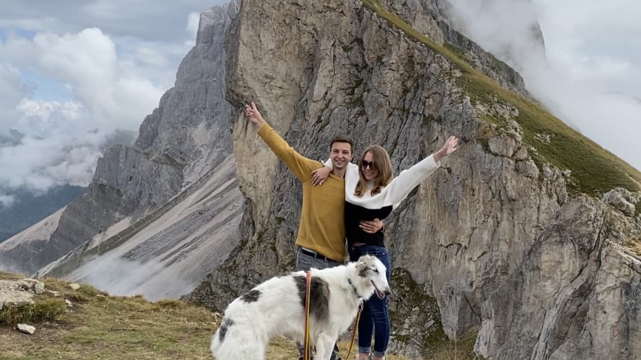 Ernestas Tyminas and Darina Karpitskaya have taken his dog, Cosmo, to 26 of the more than 40 countries that they have visited together, said Tyminas. Cosmo is a great networking tool, added Karpitskaya: "We meet a lot of people walking the dog."