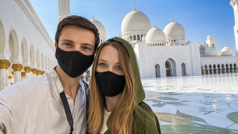 Tyminas and Karpitskaya (pictured here in Abu Dhabi) stopped traveling at the outset of the Russian-Ukraine war. Karpitskaya's family is now out of Ukraine, except her brother, who "has signed up to be in the military to defend his country," said Tyminas.