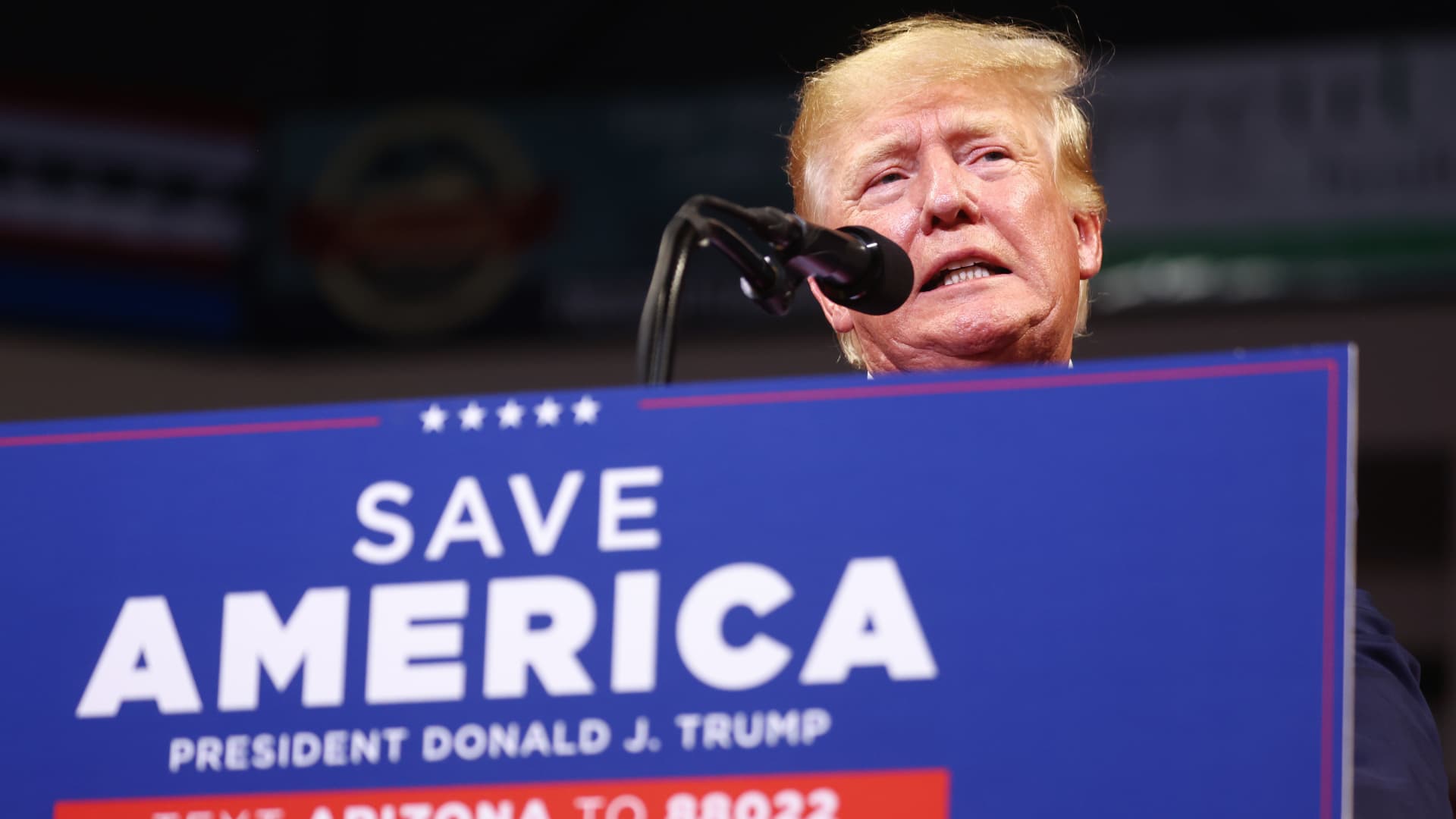 Former President Donald Trump speaks at a ‘Save America’ rally in support of Arizona GOP candidates on July 22, 2022 in Prescott Valley, Arizona.