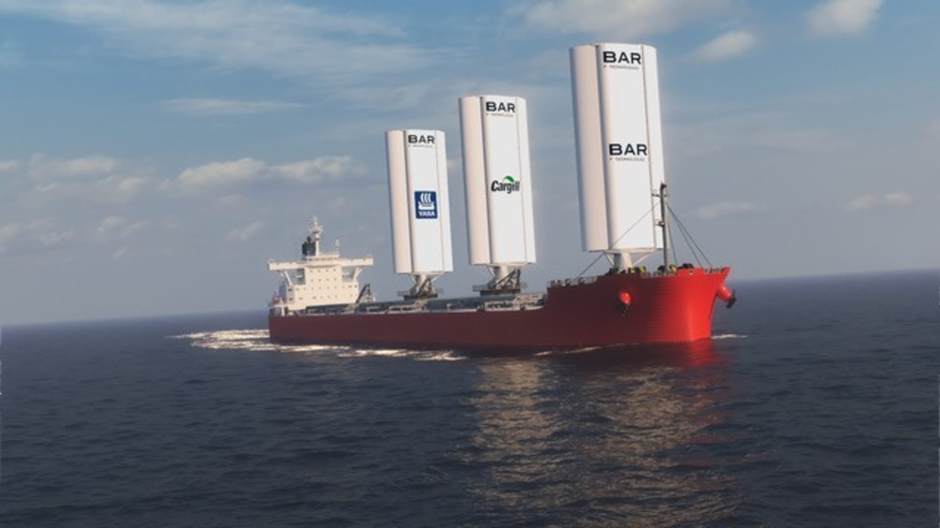 A ship outfitted with WindWings, solid sails designed by BAR Technologies. Cargill reportedly has plans to charter at least 20 ships using the technology in coming years.