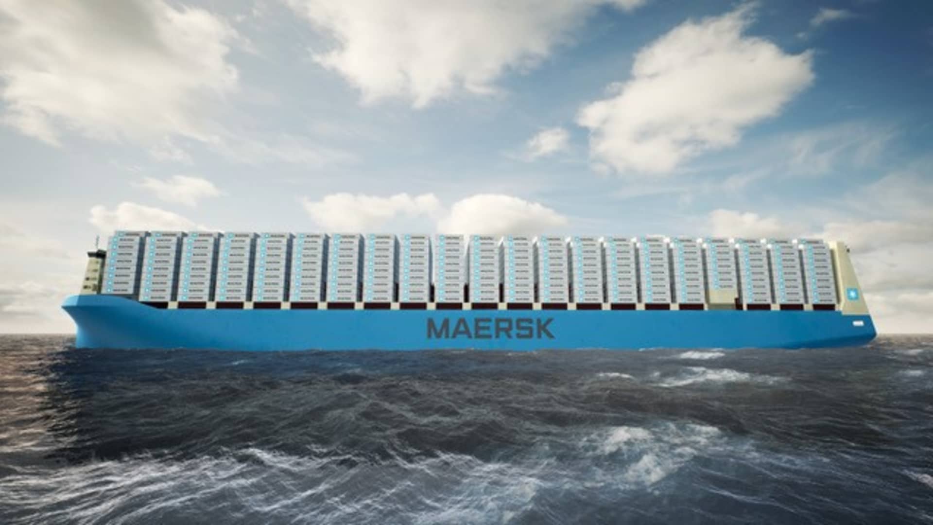An artist's rendering of a Maersk 16,000-TEU container ship that will run on green methanol.