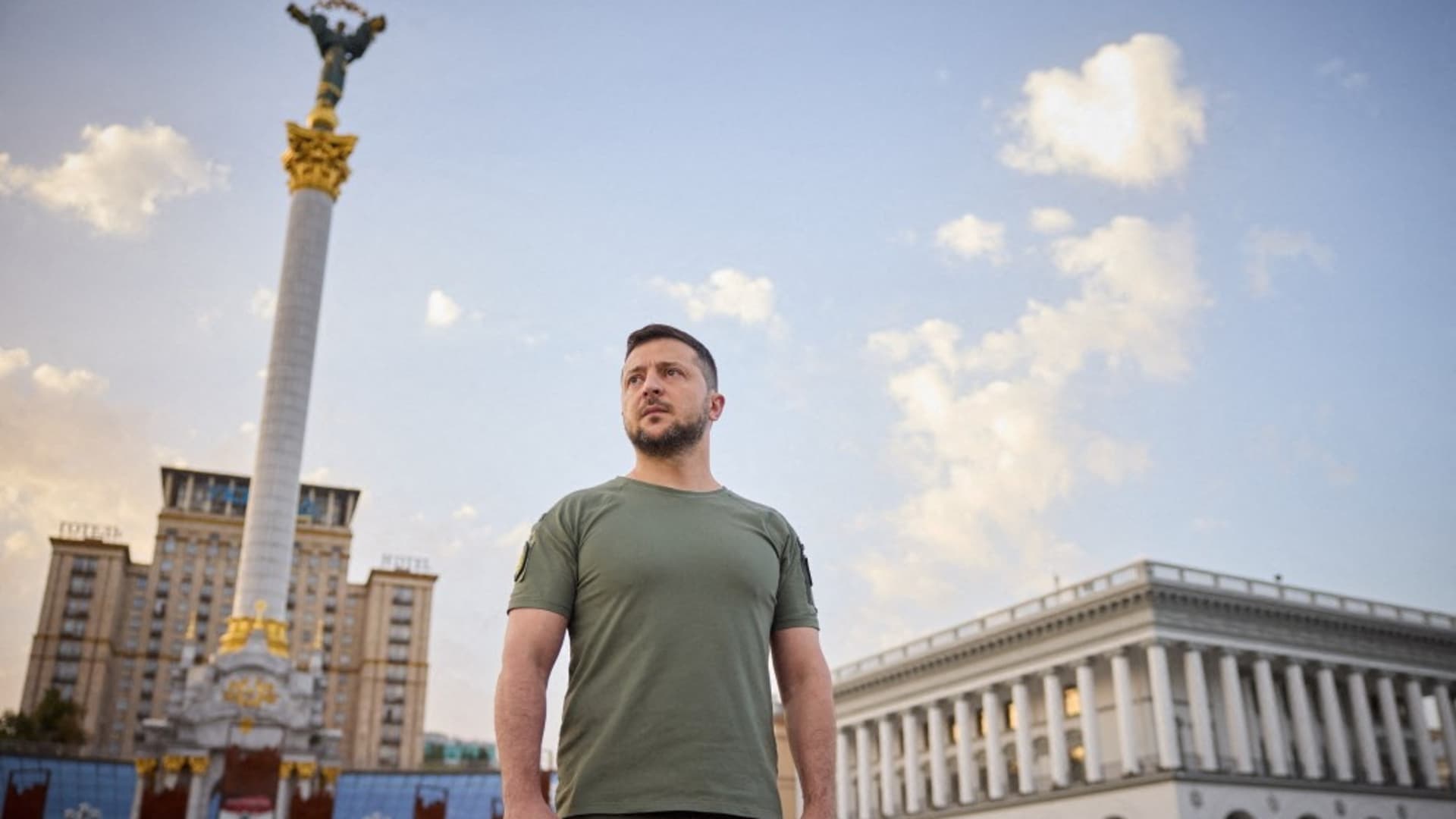 Ukraine's President Volodymyr Zelenskyy stands at Independence Square as he congratulates Ukrainians on Independence Day, amid Russia's attack on Ukraine, in Kyiv, Ukraine, in this handout picture released August 24, 2022. 