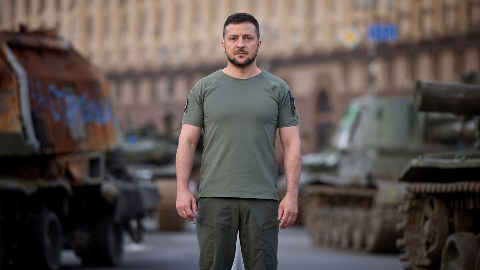 Ukraine's President Volodymyr Zelenskyy stands at Independence Square as he congratulates Ukrainians on Independence Day, amid Russia's attack on Ukraine, in Kyiv, Ukraine, in this handout picture released August 24, 2022.