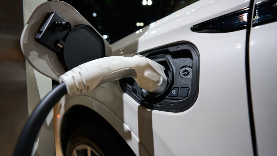 A charging port on a 2022 Lincoln Corsair Grand Touring plug-in hybrid vehicle during AutoMobility LA ahead of the Los Angeles Auto Show in Los Angeles, California, Nov. 18, 2021.