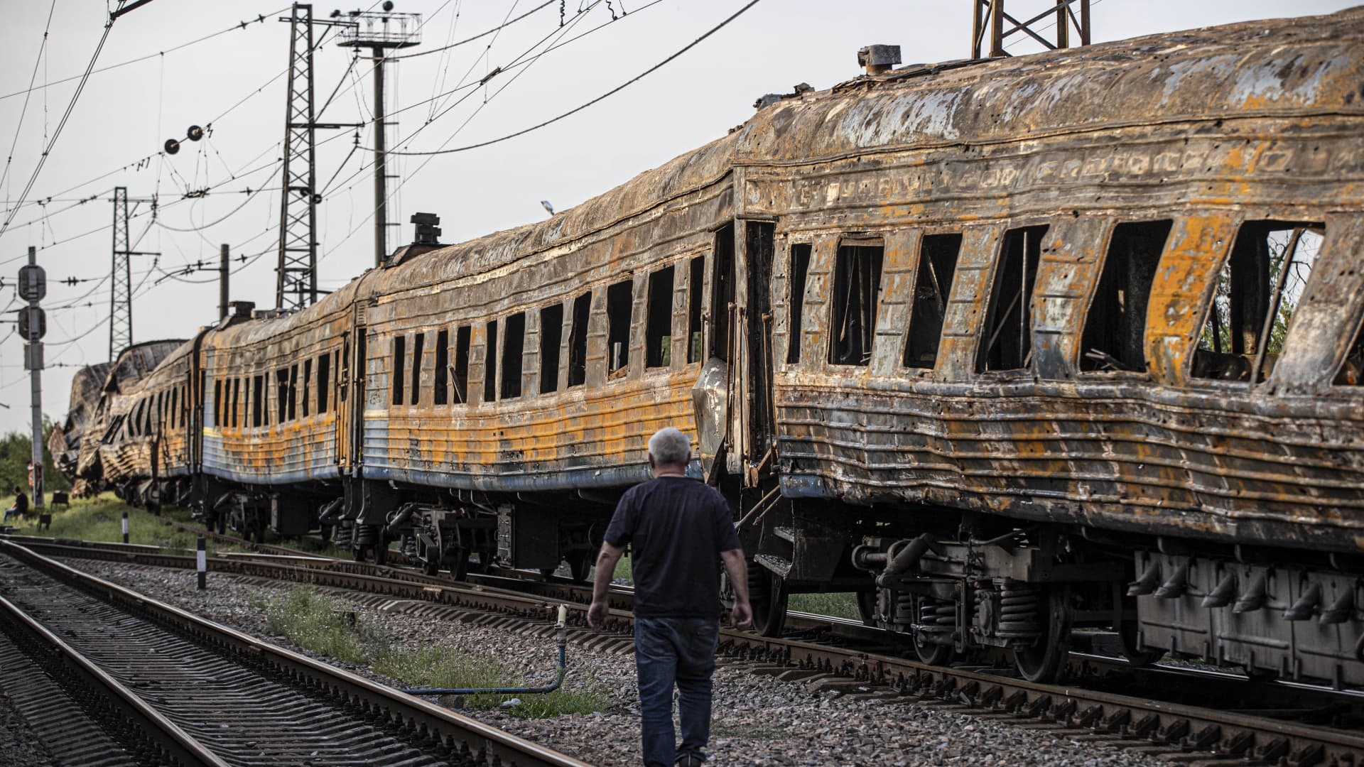 A general view of the Ukrainian railway station damaged by a Russian missile strike in Chaplyne, Dnipropetrovsk Oblast, Ukraine on August 25, 2022. At least 25 people have been killed in a Russian rocket attack on the Chaplyne railway station as Ukraine marked its Independence Day.