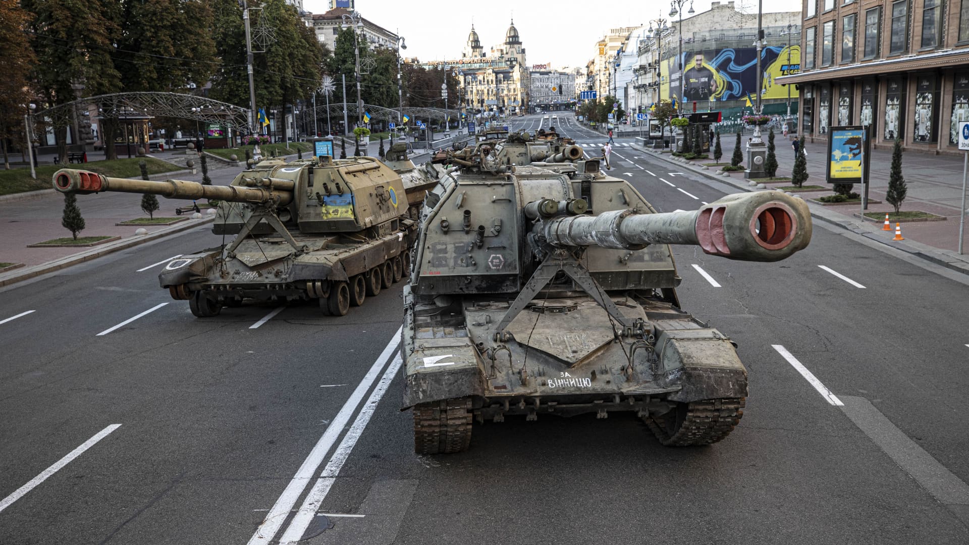 Damaged military vehicles captured from Russian army on display at the Khreschatyk Street in Kyiv, Ukraine on August 25, 2022.