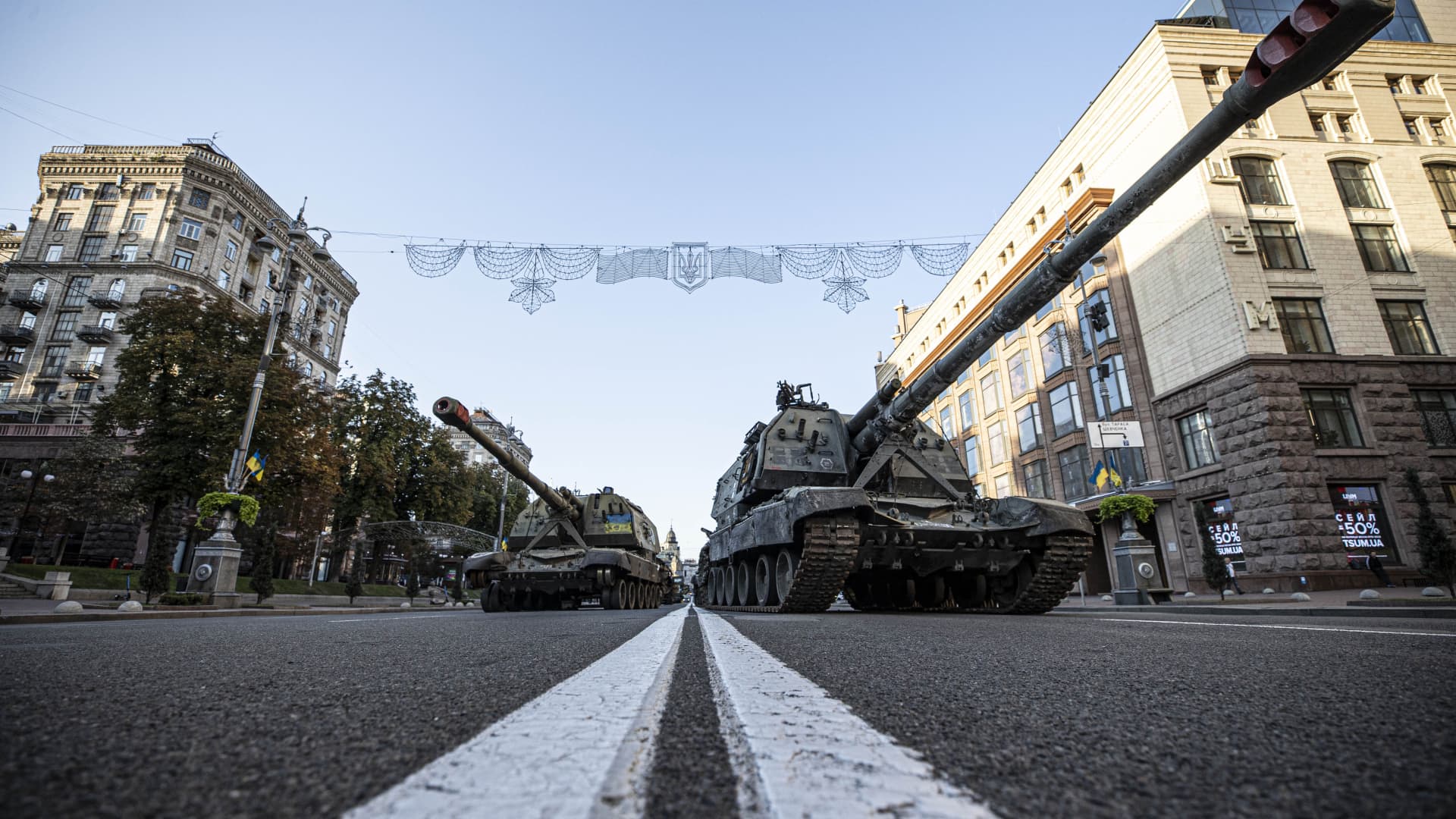 Tanks captured from Russian army on display at the Khreschatyk Street in Kyiv, Ukraine on August 25, 2022 as the Kremlin's war in Ukraine continues.