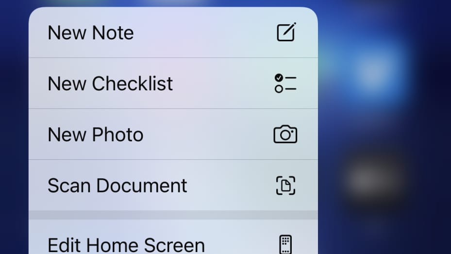 Quick Actions menu for Notes app on iPhone 13 Pro.
