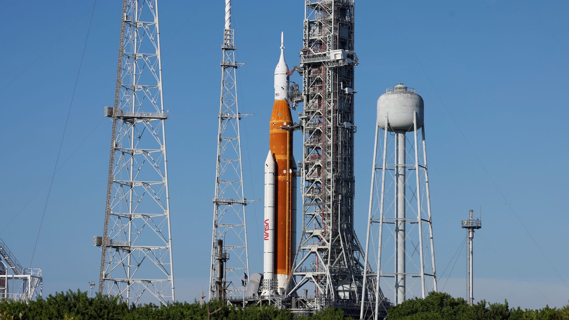 NASA’s next-generation moon rocket, the Space Launch System (SLS) rocket with its Orion crew capsule perched on top, as it stands on launch pad 39B in preparation for the unmanned Artemis 1 mission at Cape Canaveral, Florida, August 27, 2022.