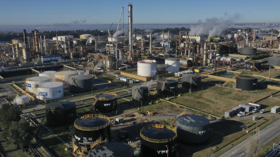Aerial view of YPF La Plata refinery on August 1, 2022 in La Plata, Argentina. YPF's La Plata refinery plant is one of the main plants of YPF refinery and can process about 190,000 barrels of raw oil per day. An expert from JPMorgan in August maintained a modest estimate of $101 a barrel for the rest of the year, after coming off an earlier peak in the second quarter of 2022.