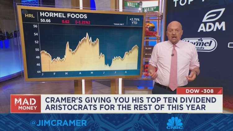 Jim Cramer says these are his favorite 10 'dividend aristocrats' to own through year-end