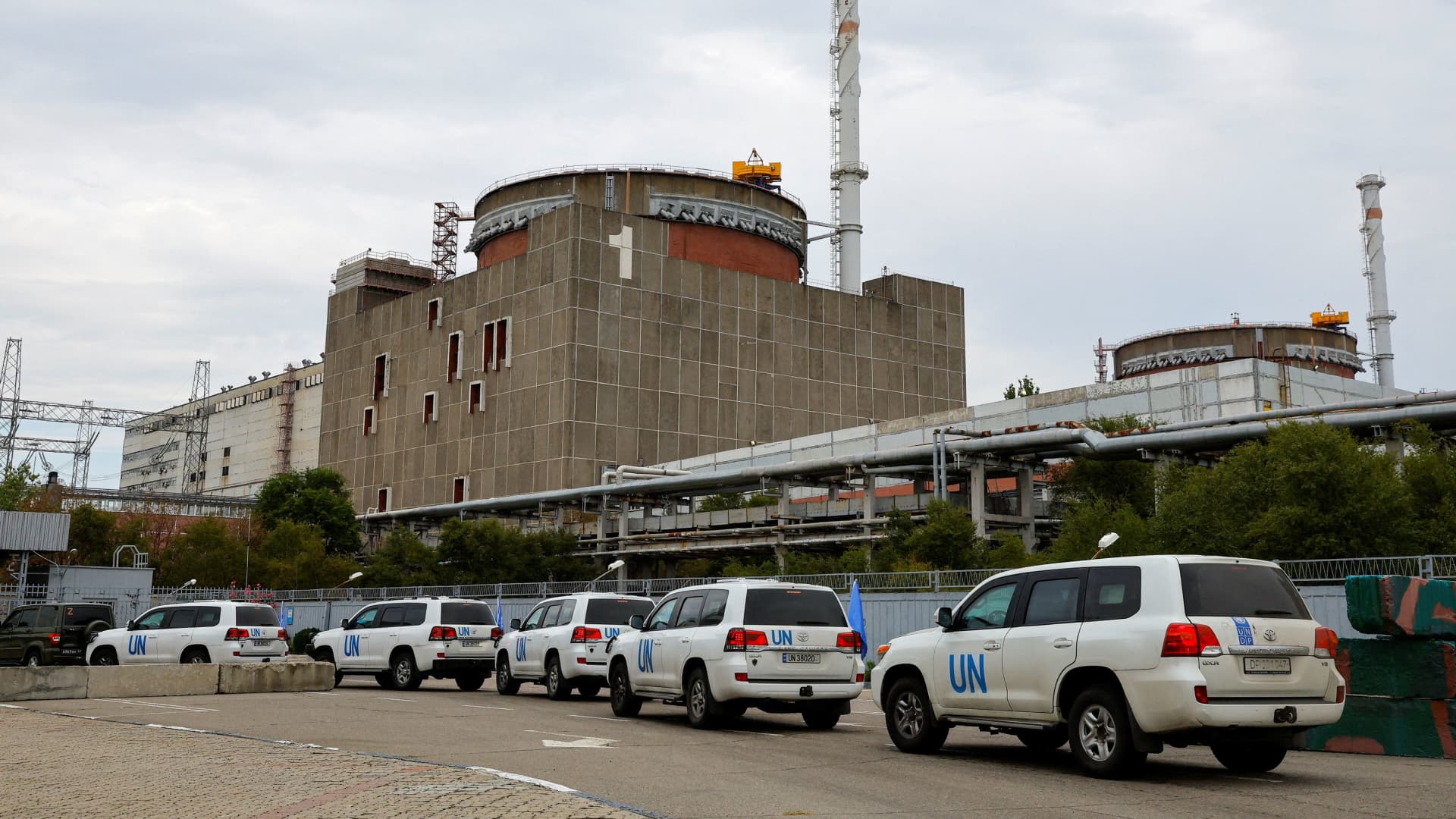 A motorcade transporting the International Atomic Energy Agency (IAEA) expert mission, escorted by the Russian military, arrives at the Zaporizhzhia Nuclear Power Plant in the course of Ukraine-Russia conflict outside Enerhodar in the Zaporizhzhia region, Ukraine, September 1, 2022.