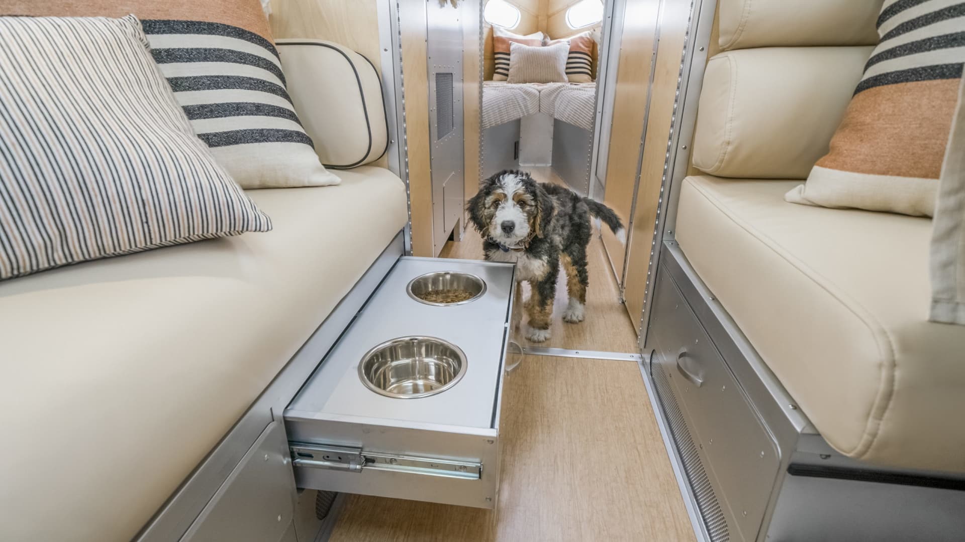 The Volterra's interior comes with hideaway pet food dishes.