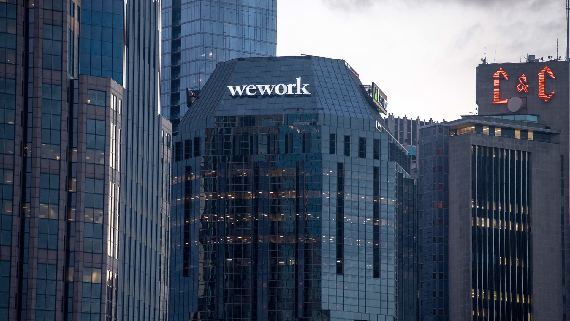 View of the WeWork building in Nashville, Tennessee, on June 16, 2022. (Photo by VALERIE MACON / AFP) (Photo by VALERIE MACON/AFP via Getty Images)