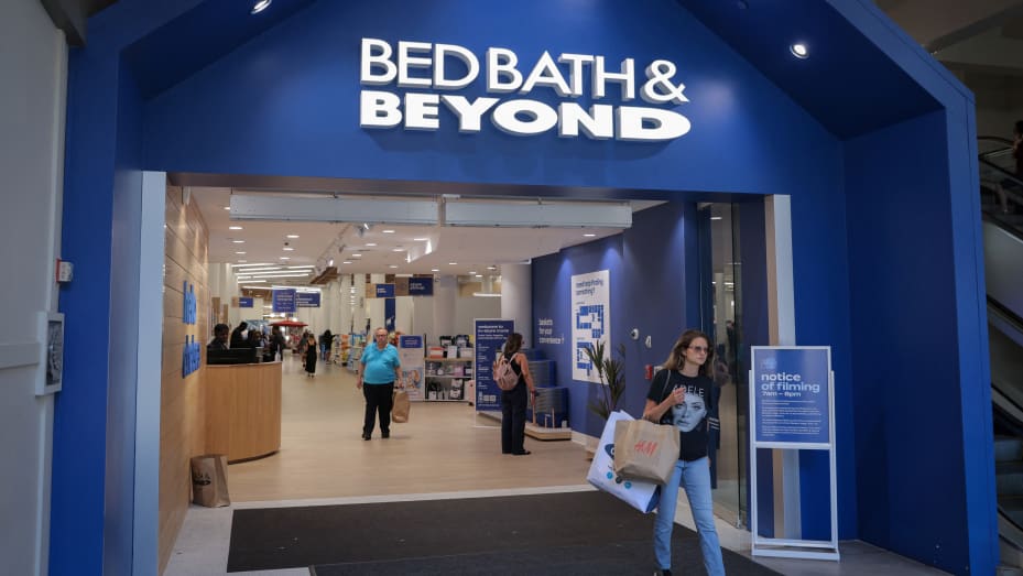 A person exits a Bed Bath & Beyond store in New York City, June 29, 2022.