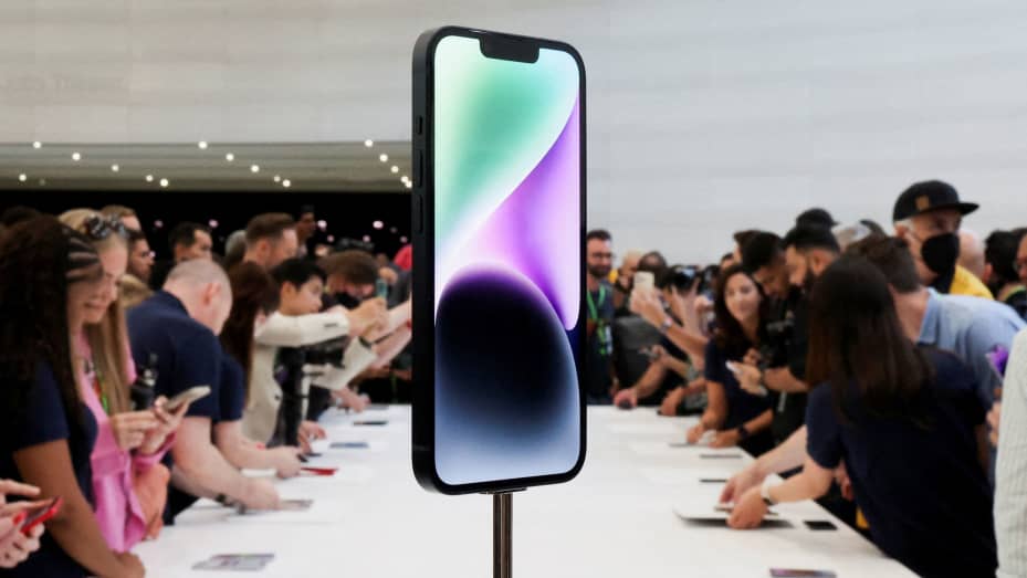 A view of the new iPhone 14 at an Apple event at their headquarters in Cupertino, California, September 7, 2022.