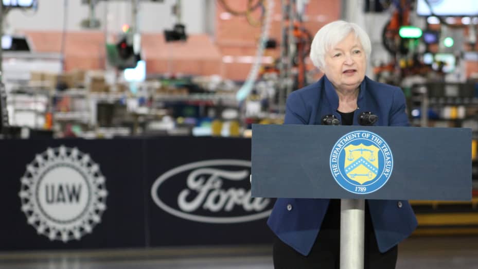 U.S. Treasury Secretary Janet Yellen at Ford's Rouge electric vehicle facility in Dearborn, Michigan.