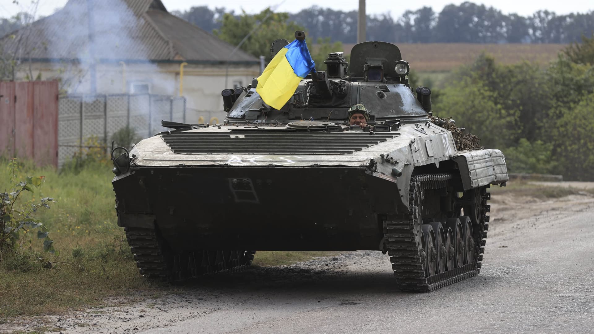 A Ukrainian armored vehicle advances toward the front in Kharkiv, Ukraine, on September 8, 2022.