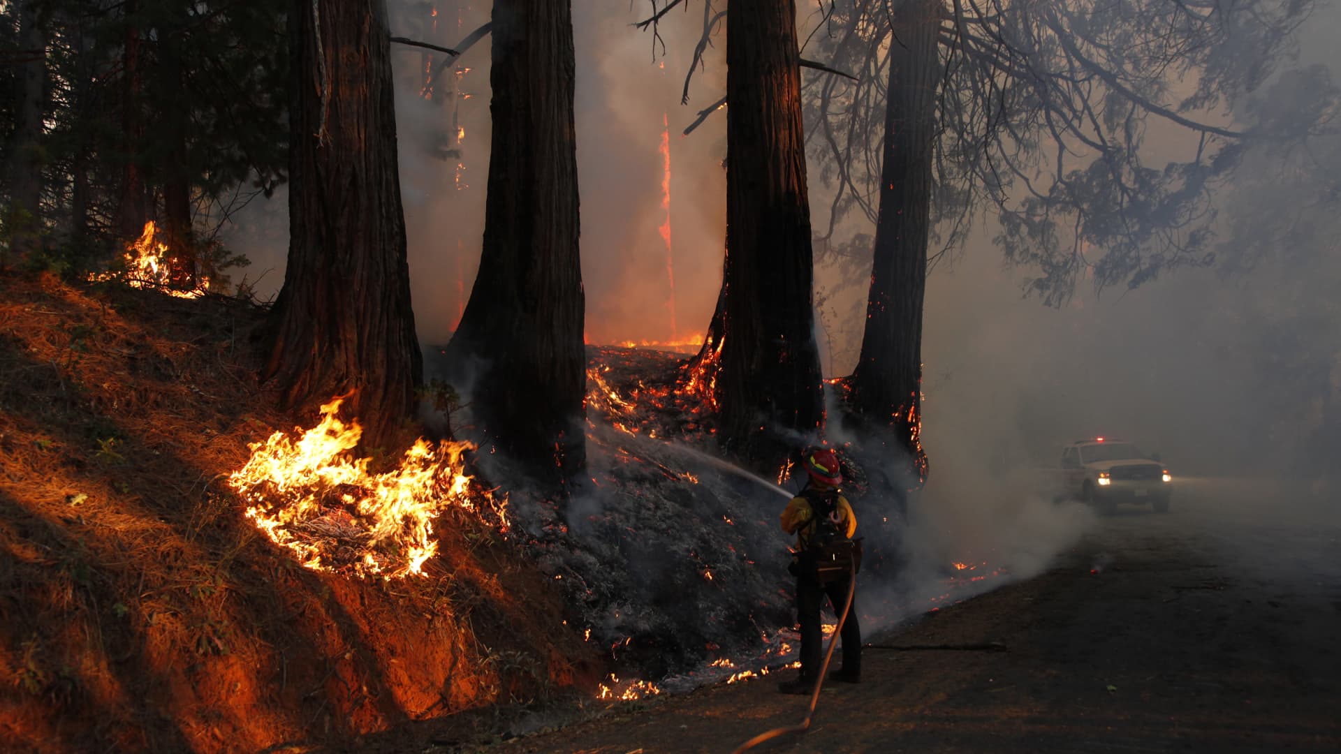 A firefighter battles flames during the Mosquito Fire near Michigan Bluff, California, US, on Wednesday, Sept. 7, 2022.