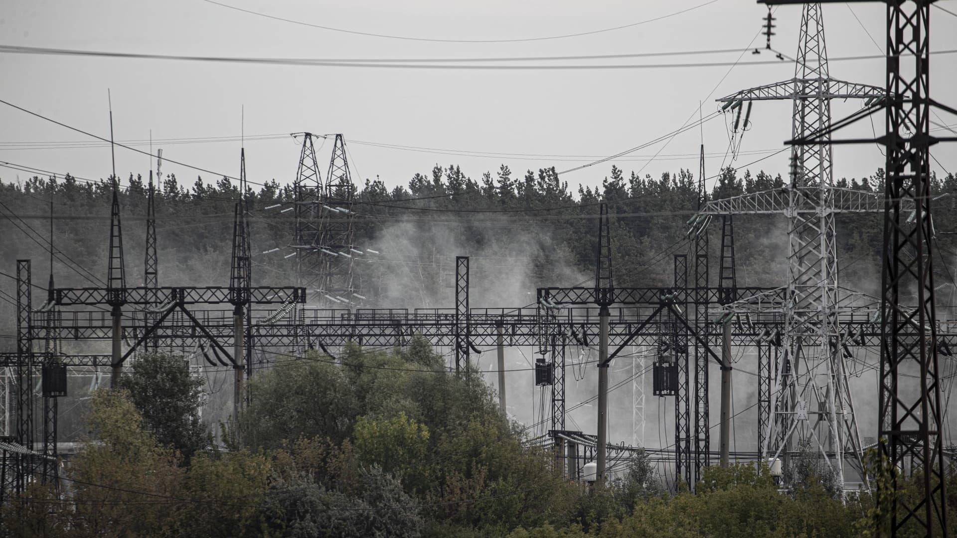 Smoke rises over Kharkiv's western outskirts as firefighters put out the fire after a Russian rocket attack hit an electric power station in Kharkiv, Kharkiv Oblast, Ukraine, on Sept. 12, 2022.