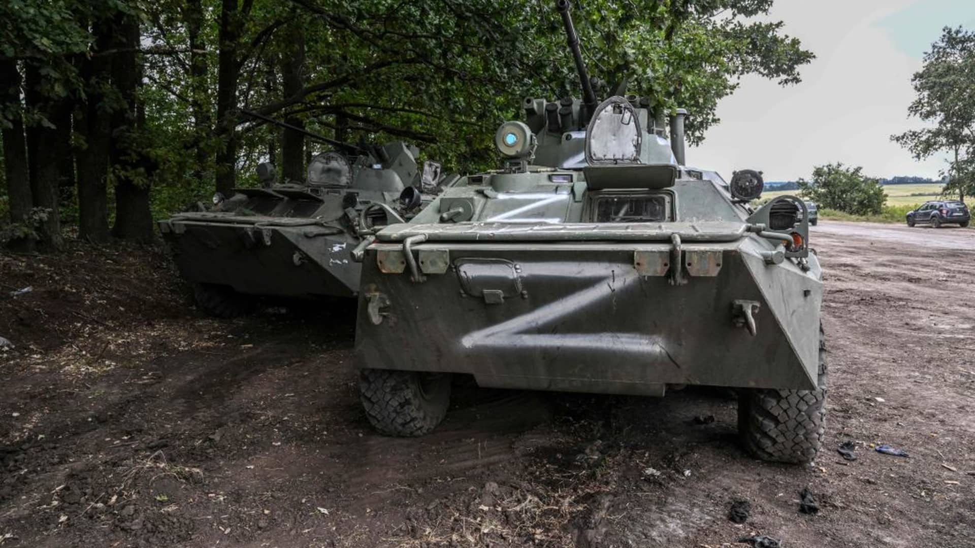Russian military vehicles in Balakliya on Sept. 10, 2022. Zelenskyy said that, in Balakliya, a town in the northeastern Kharkiv region recaptured by Ukrainian forces last week, the payment of pensions has already resumed.