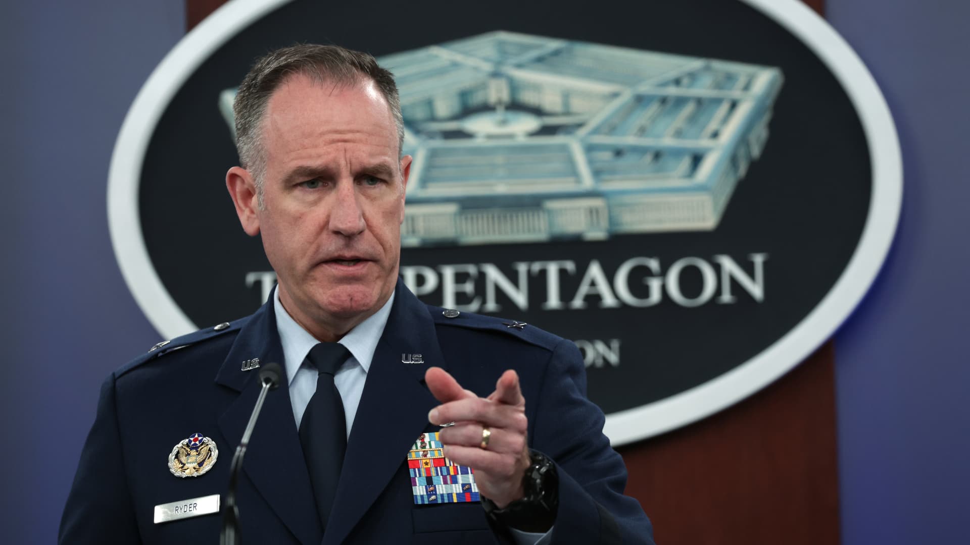Pentagon Press Secretary Air Force Brig. Gen. Pat Ryder speaks during a news briefing at the Pentagon September 6, 2022 in Arlington, Virginia. Brig. Gen. Ryder held a news briefing to answer questions from members of the press.