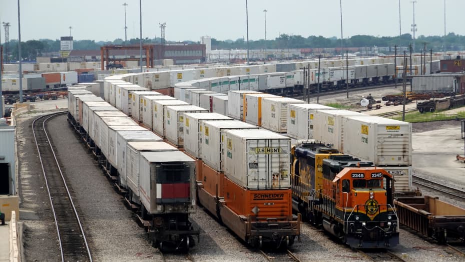 Shipping containers sit in the BNSF Railway intermodal facility on July 28, 2021 in Cicero, Illinois.