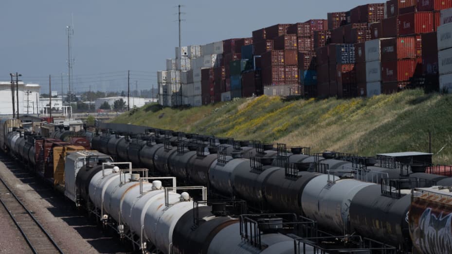 Tank cars filled with oil are seen in storage at the BNSF Railway Company's Watson Yard in Wilmington, California, U.S. on Tuesday, April 21, 2020.