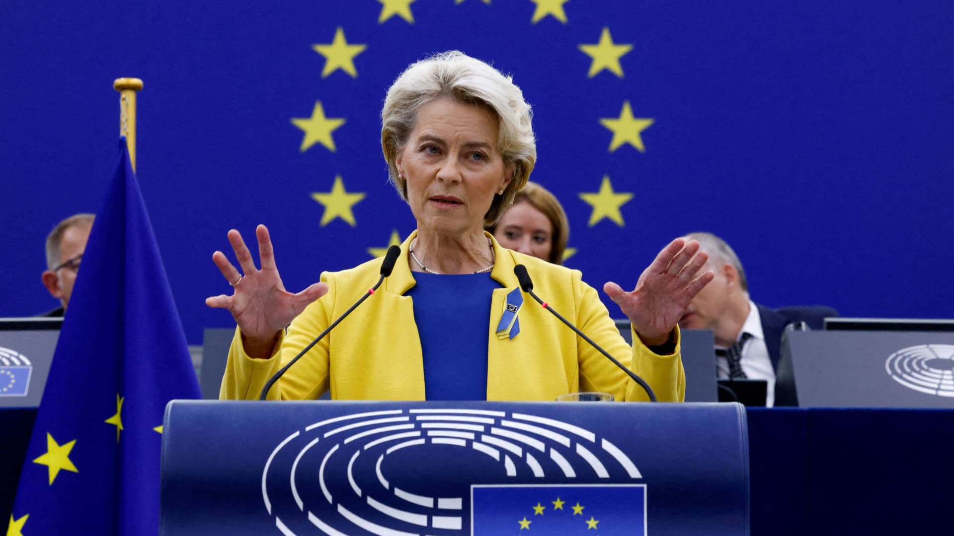 European Commission President Ursula von der Leyen delivers the State of the European Union address to the European Parliament, in Strasbourg, France, on Sept. 14, 2022.