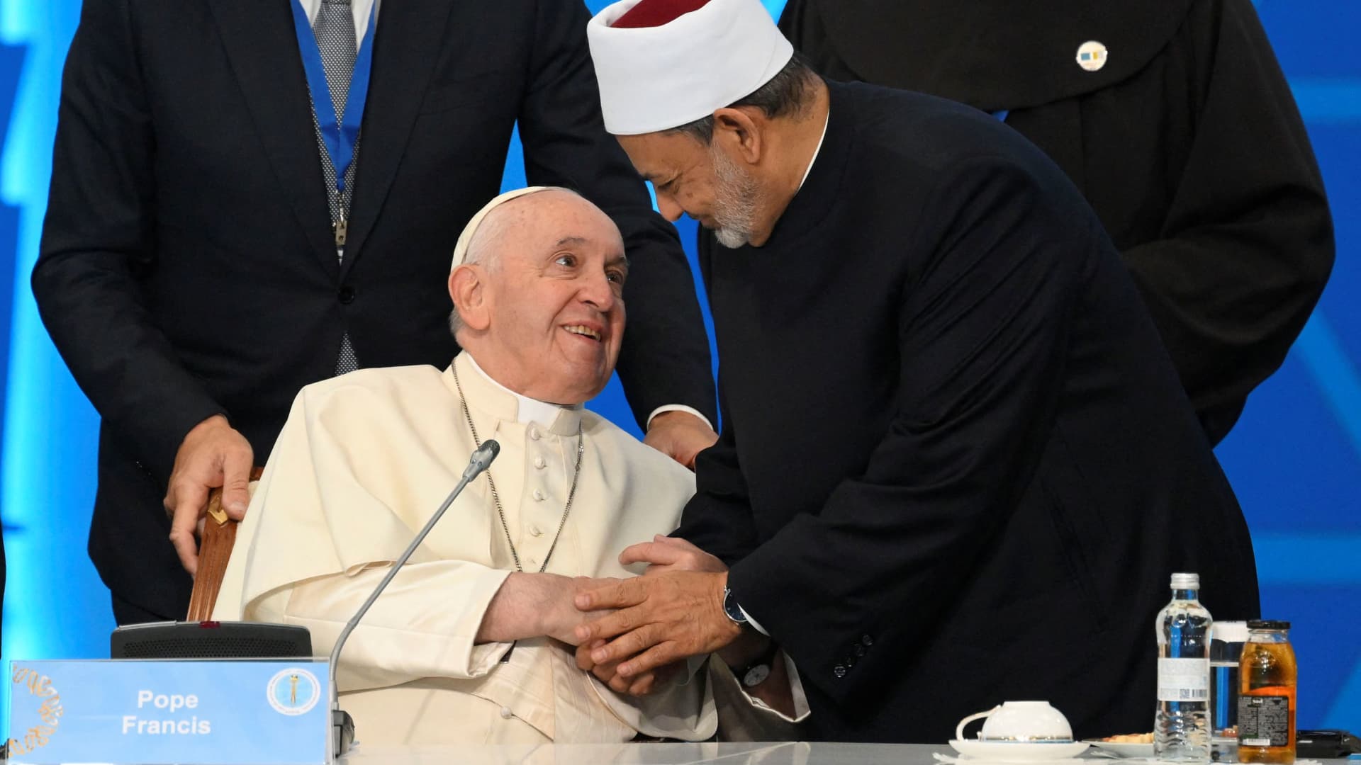Sheikh Ahmed el-Tayeb, Grand Imam of Cairo's Al-Azhar Mosque greets Pope Francis during the plenary session of the VII Congress of the Leaders of World and Traditional Religions in Nur-Sultan, Kazakhstan, September 14, 2022.