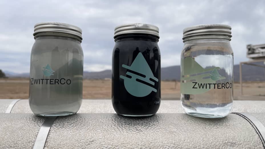 The water in the jar on the left is wasterwater before being put through ZwitterCo's filtration membrane. The jar on the right is water cleaned and ready for reuse. The jar in the middle is the concentrate of waste that has been pulled out of the water with the filtration system and can be used in to make other products, like fertilizer of feestock, which can be sold.