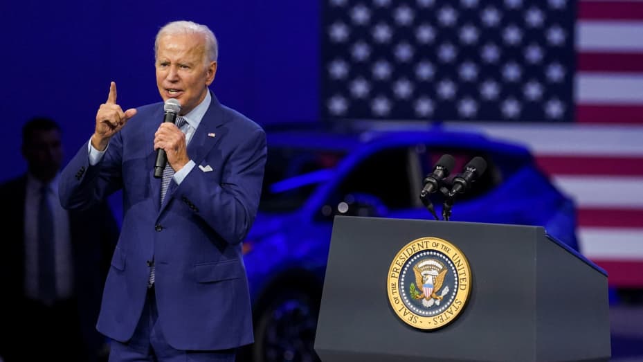 U.S. President Joe Biden delivers remarks to highlight electric vehicle manufacturing in America, during a visit to the Detroit Auto Show, September 14, 2022.