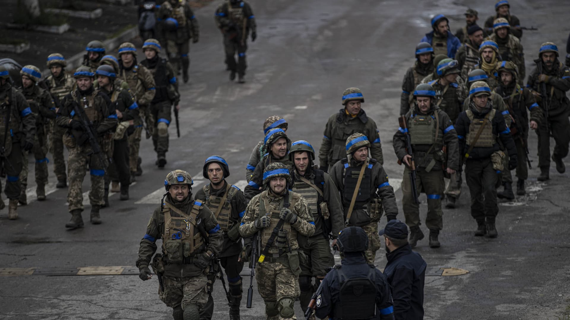 Ukrainian soldiers patrol at the streets of Izium city after Russian Forces withdrawal as Russia-Ukraine war continues in, Kharkiv Oblast, Ukraine on September 14, 2022.