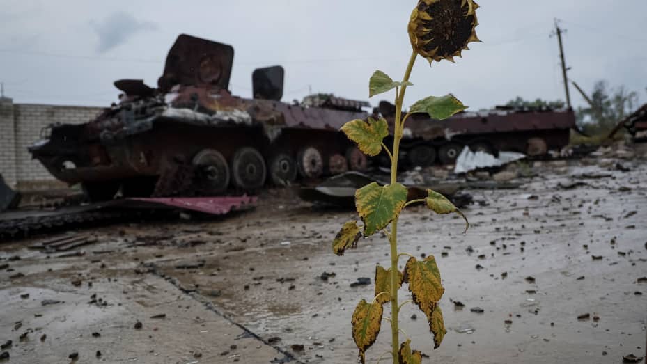 A destroyed Russian Armoured Personnel Carrier (APC) is seen, amid Russia's attack on Ukraine, near the village of Nova Husarivka, recently liberated by Ukrainian Armed Forces, in Kharkiv region, Ukraine September 15, 2022.
