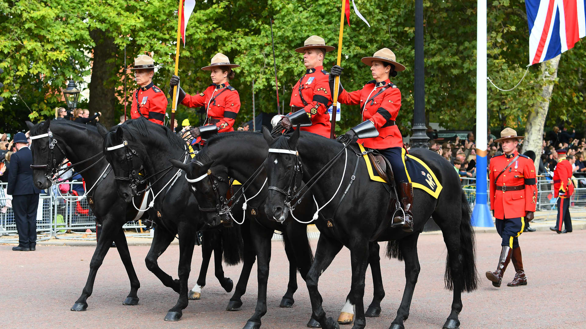 Royal Canadian Mounted Police Horse Guards Parade after the State Funeral of Queen Elizabeth II along The Mall on September 19, 2022 in London, England. Elizabeth Alexandra Mary Windsor was born in Bruton Street, Mayfair, London on 21 April 1926.