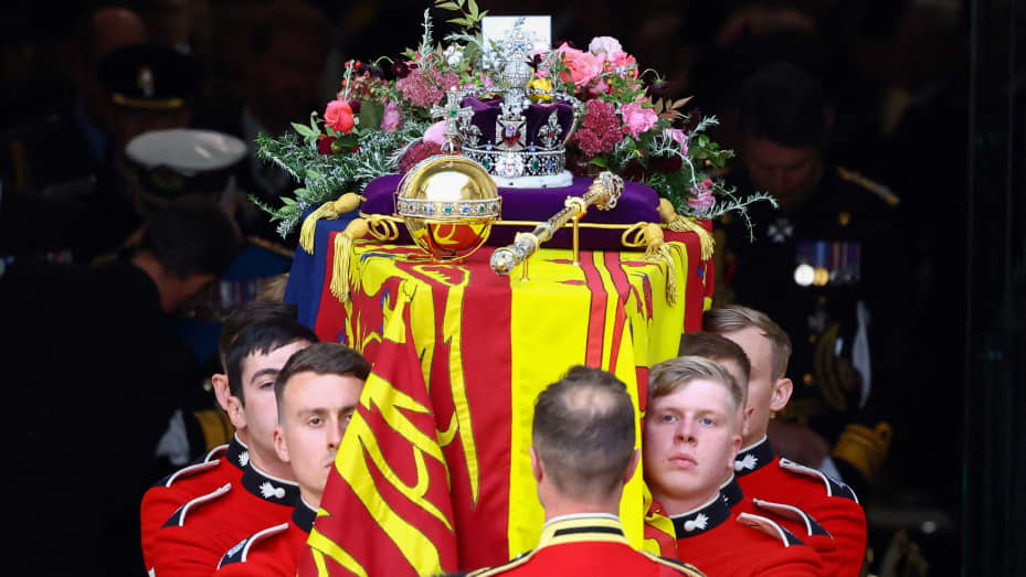 The coffin of Britain's Queen Elizabeth II is carried out of the Westminster Abbey in London on September 19, 2022, during the State Funeral Service.