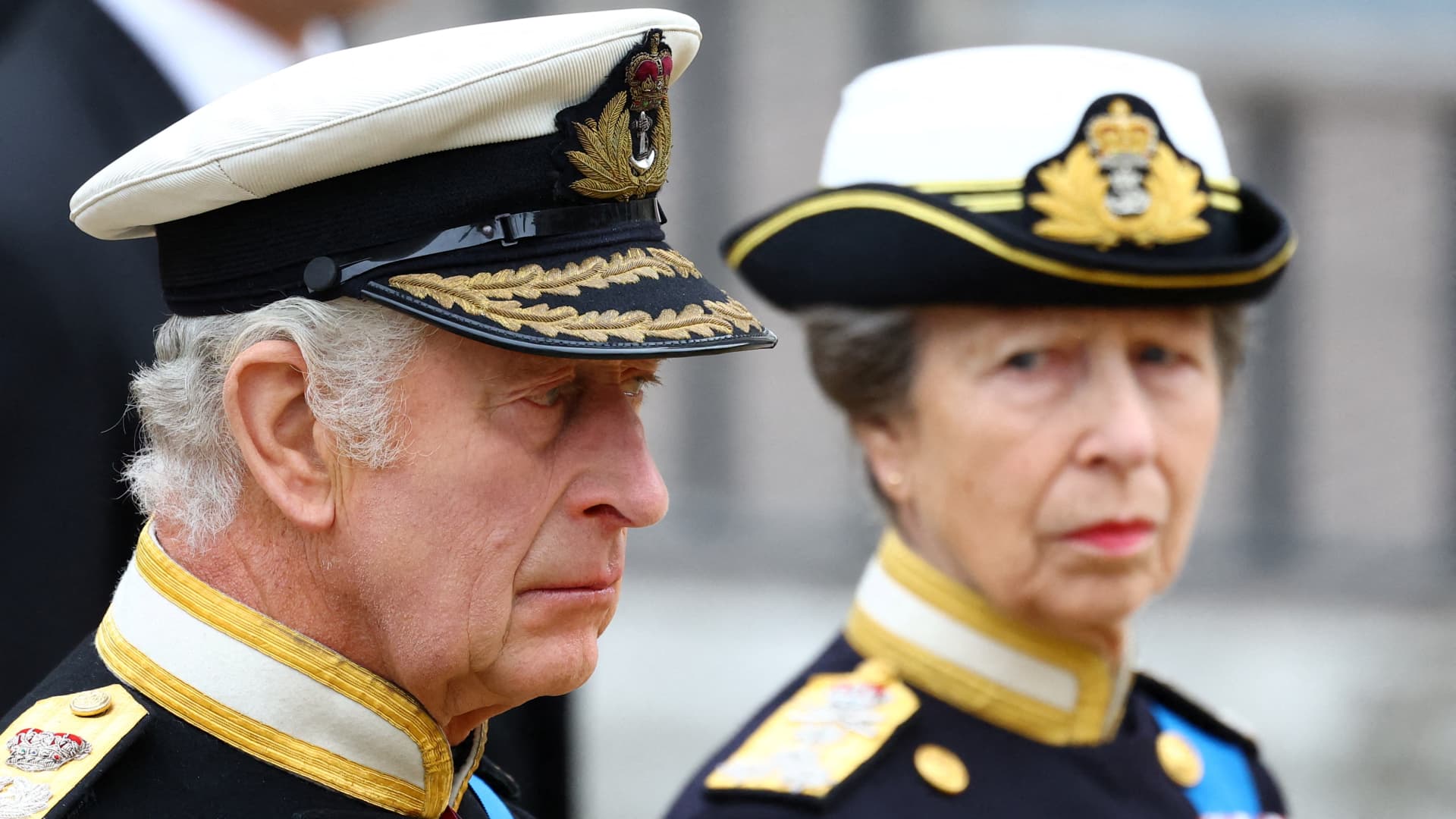 Britain's King Charles III and his sister Britain's Princess Anne, Princess Royal arrives to take their seats inside Westminster Abbey in London on September 19, 2022, for the State Funeral Service for Britain's Queen Elizabeth II.