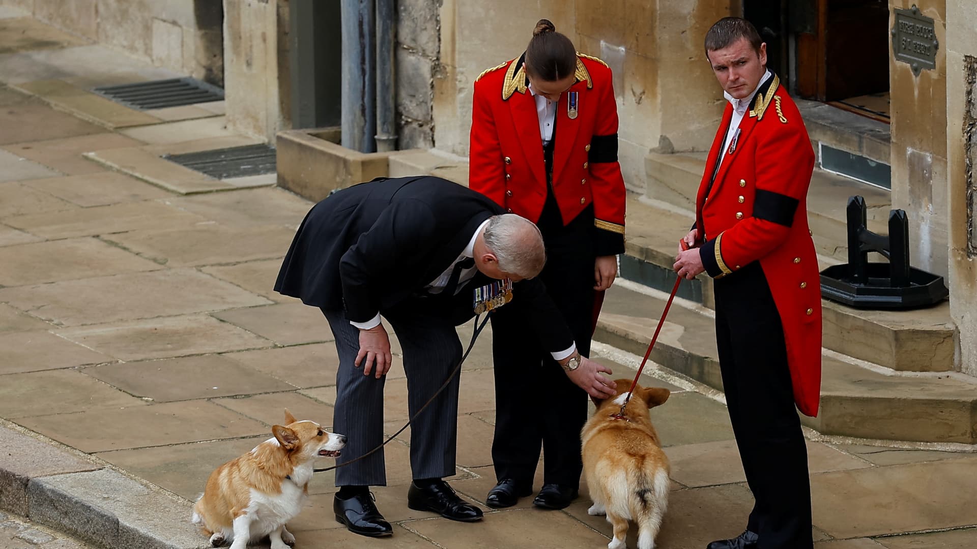 Britain's Prince Andrew with royal corgis as they await the cortege on the day of the state funeral and burial of Britain's Queen Elizabeth, at Windsor Castle in Windsor, Britain, September 19, 2022.