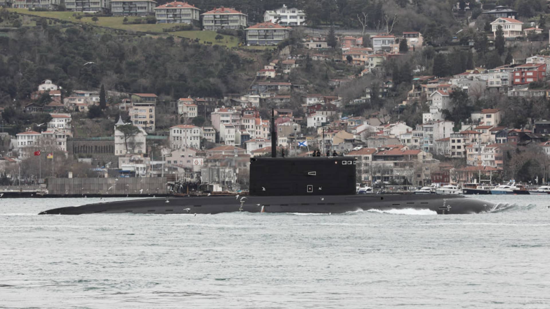 The Russian Navy’s Kilo-class submarine Rostov-na-Donu B-237 enters the Bosphorus Strait en route to the Black Sea on Feb. 13, 2022 in Istanbul, Turkey.