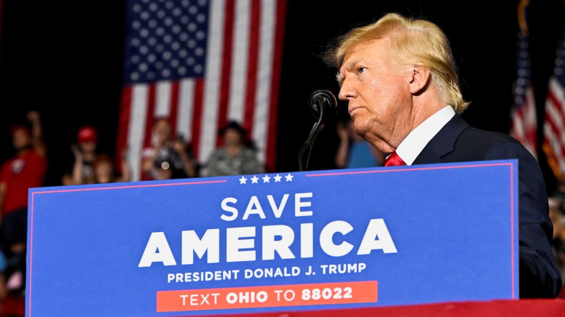 Former U.S. president Donald Trump speaks during a rally in Youngstown, Ohio, U.S., September 17, 2022. 