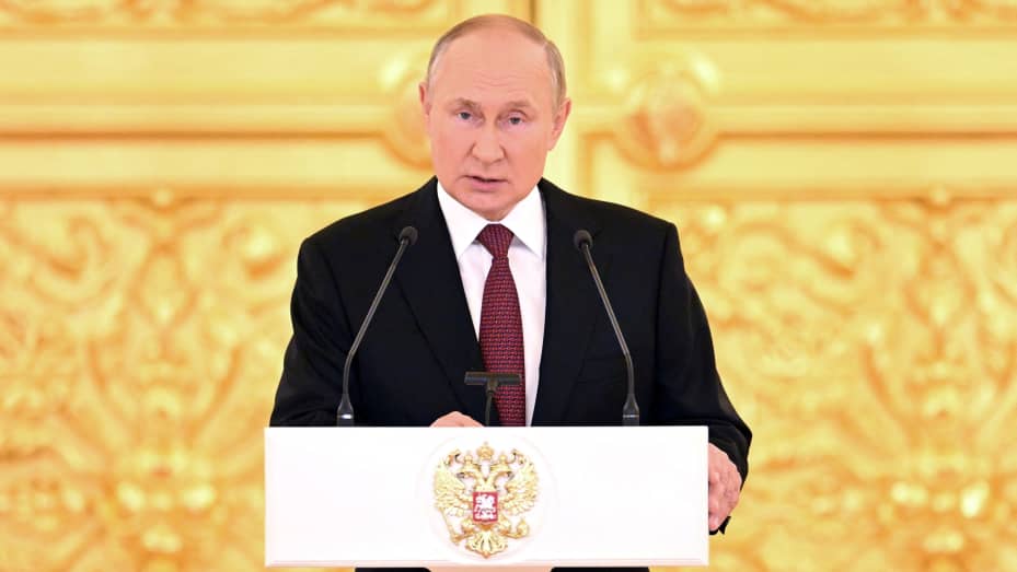 Russian President Vladimir Putin delivers a speech during a ceremony to receive letters of credence from newly-appointed foreign ambassadors at the Kremlin in Moscow, Russia, September 20, 2022. Sputnik/Pavel Bednyakov/Pool via REUTERS ATTENTION EDITORS - THIS IMAGE WAS PROVIDED BY A THIRD PARTY.