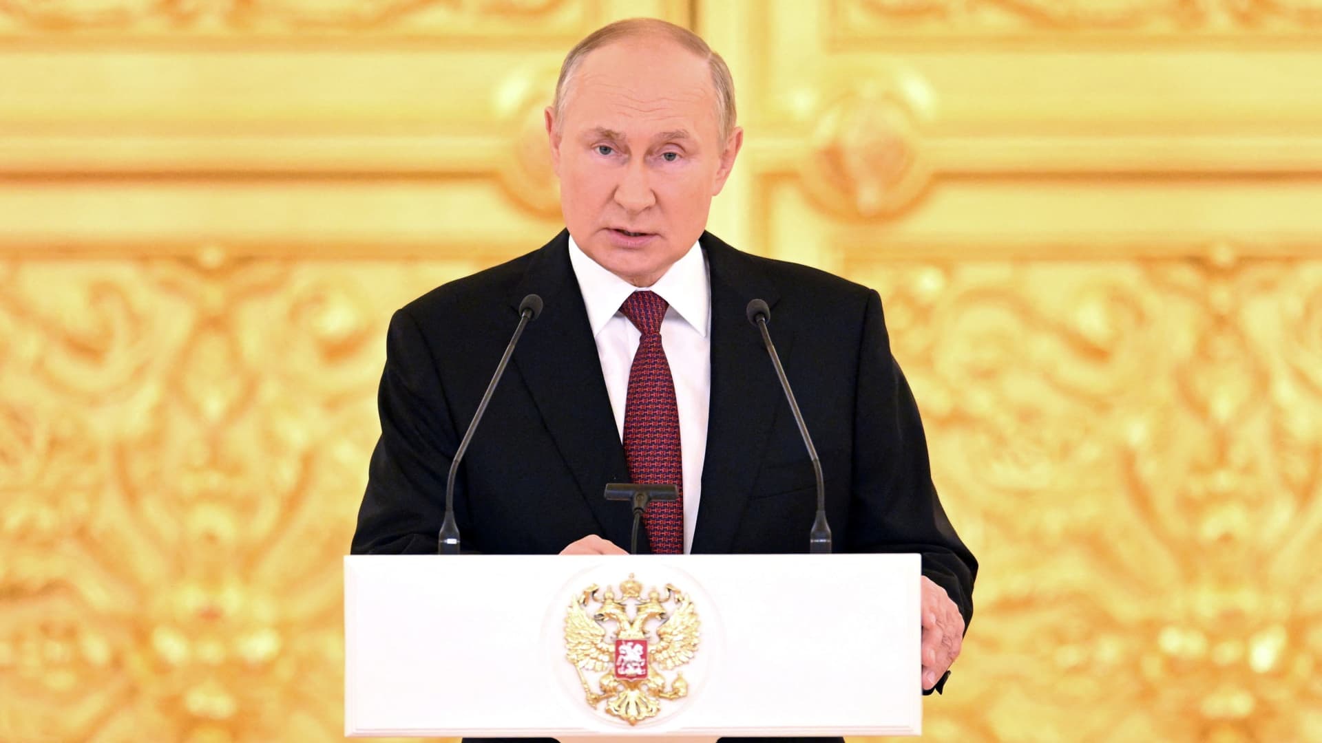 Russian President Vladimir Putin delivers a speech during a ceremony to receive letters of credence from newly-appointed foreign ambassadors at the Kremlin in Moscow, Russia, September 20, 2022. 