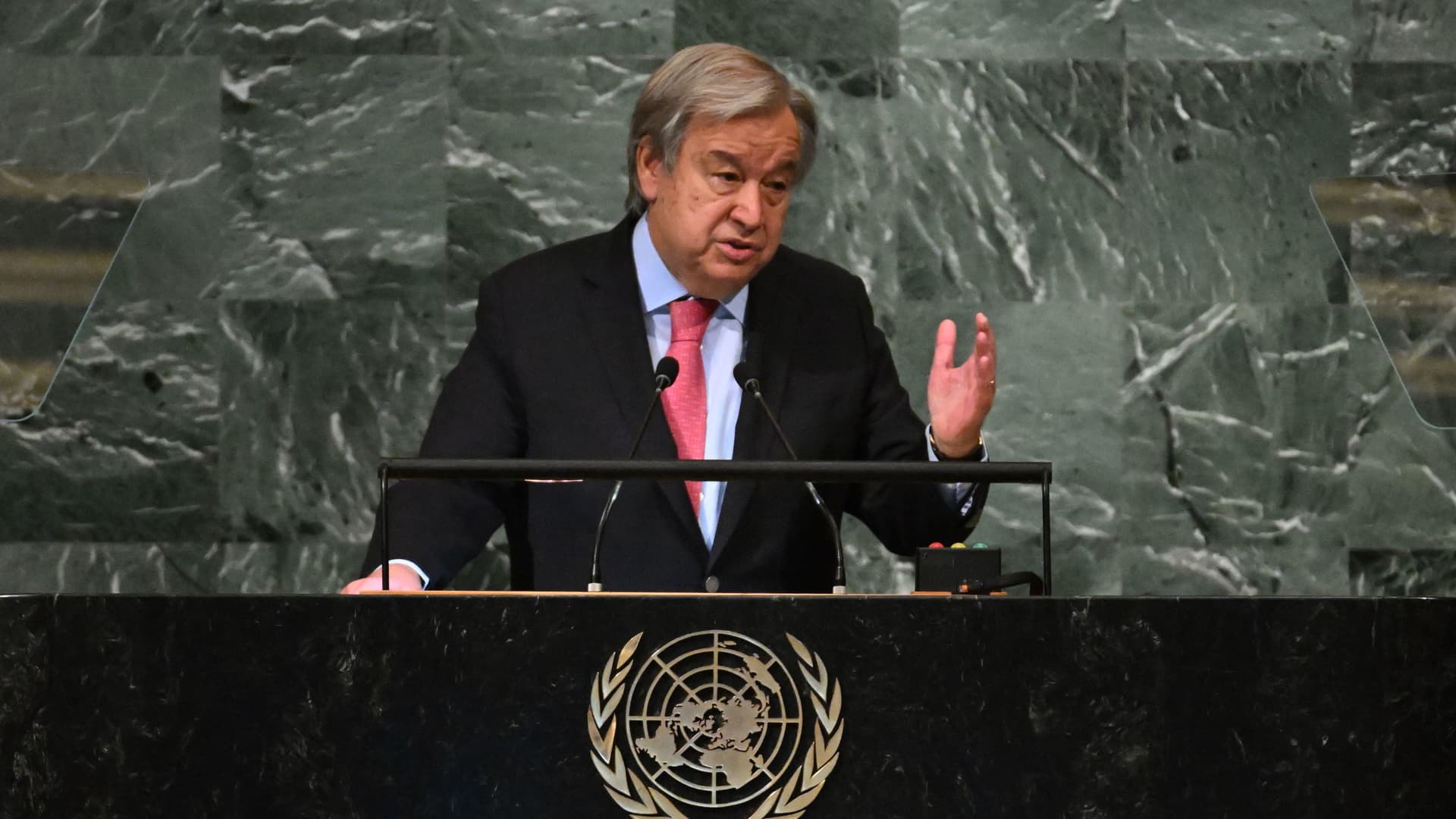 United Nations Secretary-General Antonio Guterres addresses the 77th session of the United Nations General Assembly at UN headquarters in New York City on September 20, 2022.