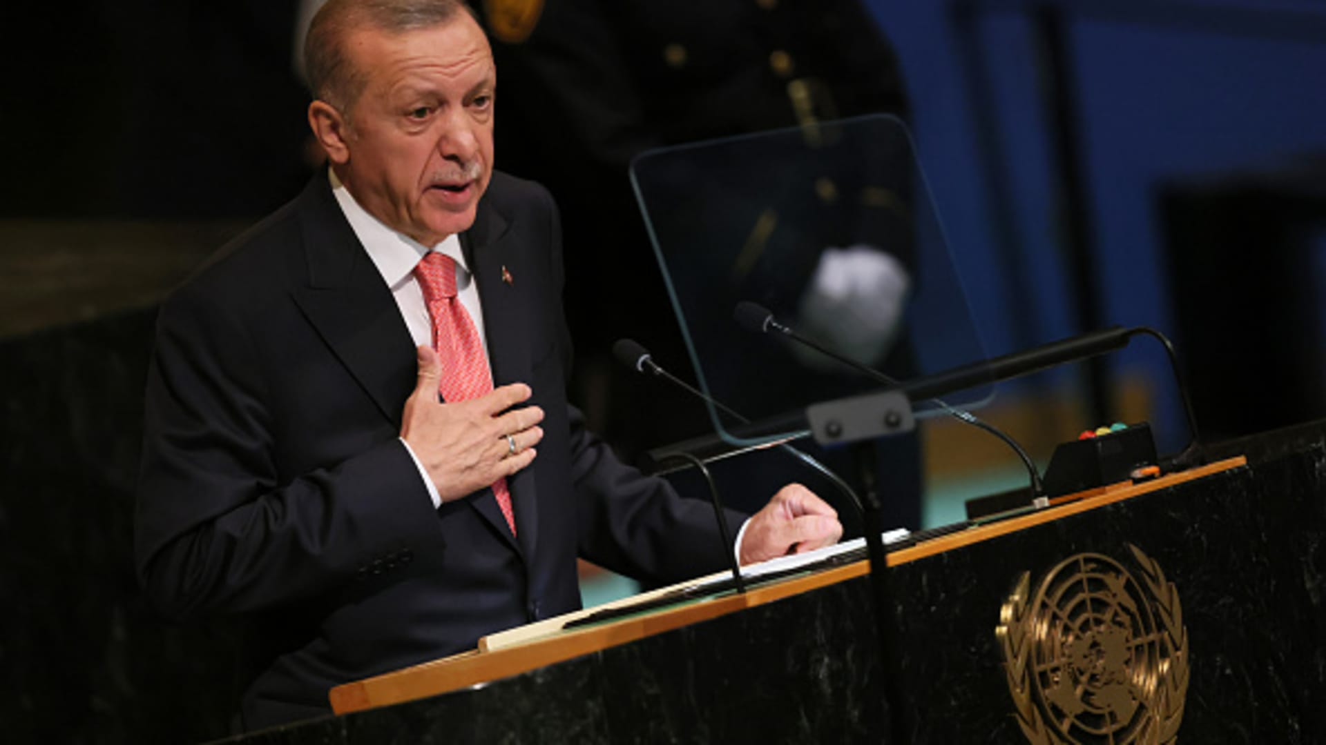 Turkish President Recep Tayyip Erdoğan speaks at the 77th session of the United Nations General Assembly at U.N. headquarters on September 20, 2022 in New York City.